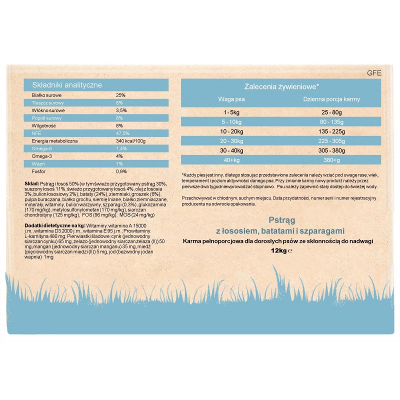 Grain Free- pstrąg z łososiem, batatami i szparagami light 2kg/12kg
