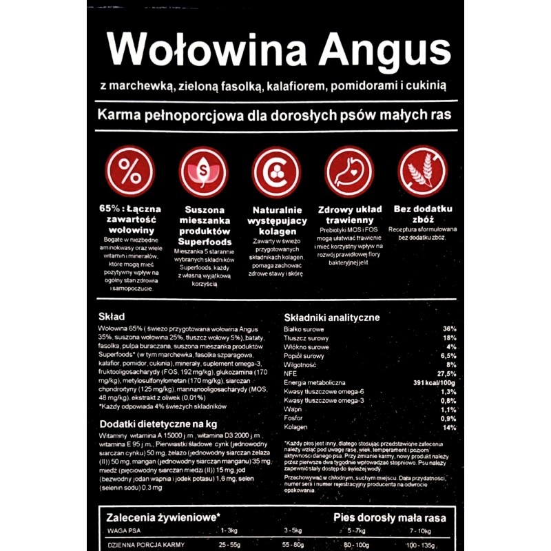 Superfood 65%- Wołowina z marchewką, zieloną fasolką, kalafiorem, pomidorami i cukinią- Karma dla dorosłych psów małych ras