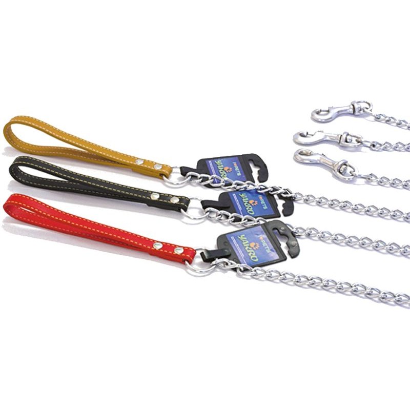 Smycz łańcuszkowa ze skórzaną rączką 120cm- beż