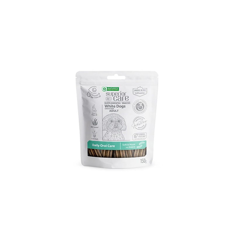 NATURES PROTECTION SUPERIOR CARE WHITE DOGS- PRZYSMKA Z INSEKTAMI WSPIERAJĄCY HIGIENĘ JAMY USTNEJ 150G