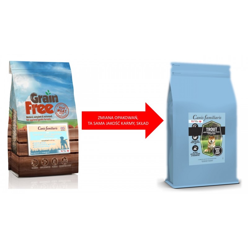 Grain Free- pstrąg z łososiem, batatami i szparagami light 2kg/12kg