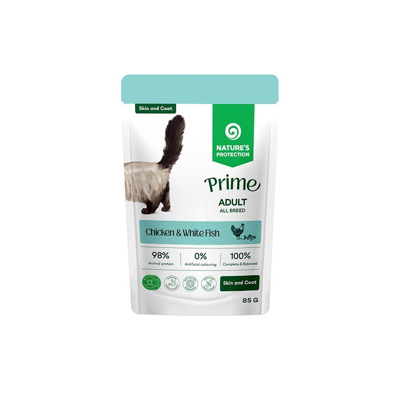 NATURES PROTECTION MOKRA KARMA DLA KOTÓW KURCZAK&BIAŁA RYBA SKÓRA SIERŚĆ 85G SASZETKA