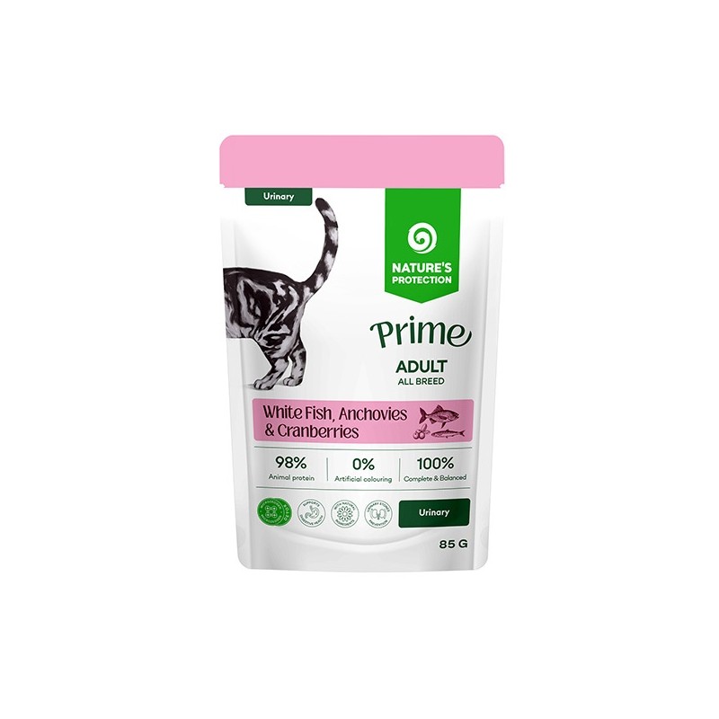 NATURES PROTECTION MOKRA KARMA DLA KOTÓW BIAŁA RYBA&ANCHOIS&ŻURAWINA DROGI MOCZOWE SASZETKA 85G