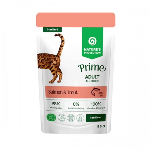 NATURES PROTECTION MOKRA KARMA DLA KOTÓW ŁOSOŚ&PSTRĄG STERYLIZOWANY SASZETKA 85G