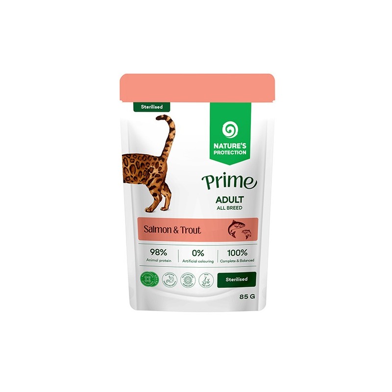 NATURES PROTECTION MOKRA KARMA DLA KOTÓW ŁOSOŚ&PSTRĄG STERYLIZOWANY SASZETKA 85G