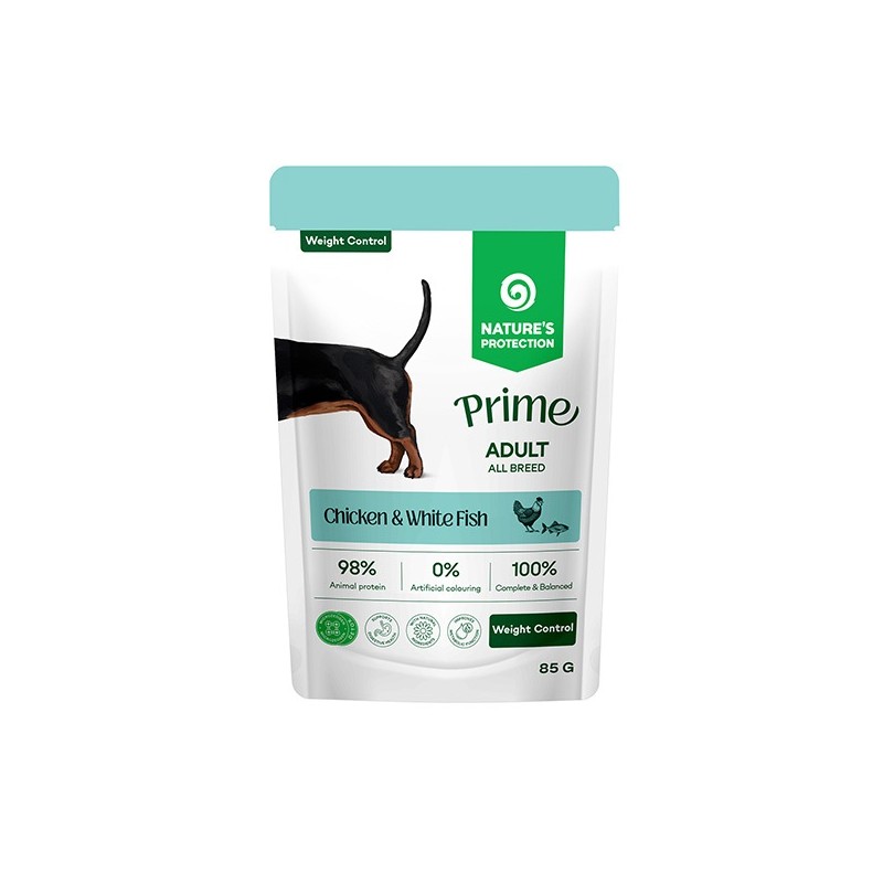 NATURES PROTECTION MOKRA KARMA DLA PSÓW KURCZAK&BIAŁA RYBA KONTROLA WAGI SASZETKA 85G