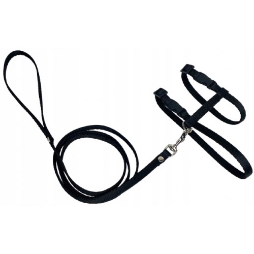 ZESTAW SZELKI REGULOWANE ZE SMYCZĄ DLA KOTA CZARNE DŁUGOŚĆ SMYCZY 1,20CM